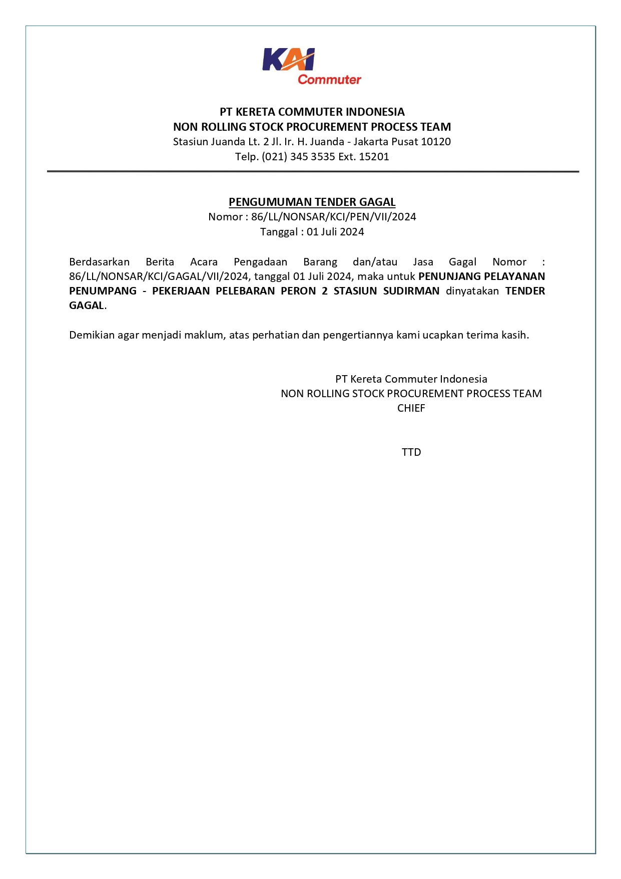 7 pengumuman tender gagal 86 pengadaan pelebaran peron 2 stasiun sudirman